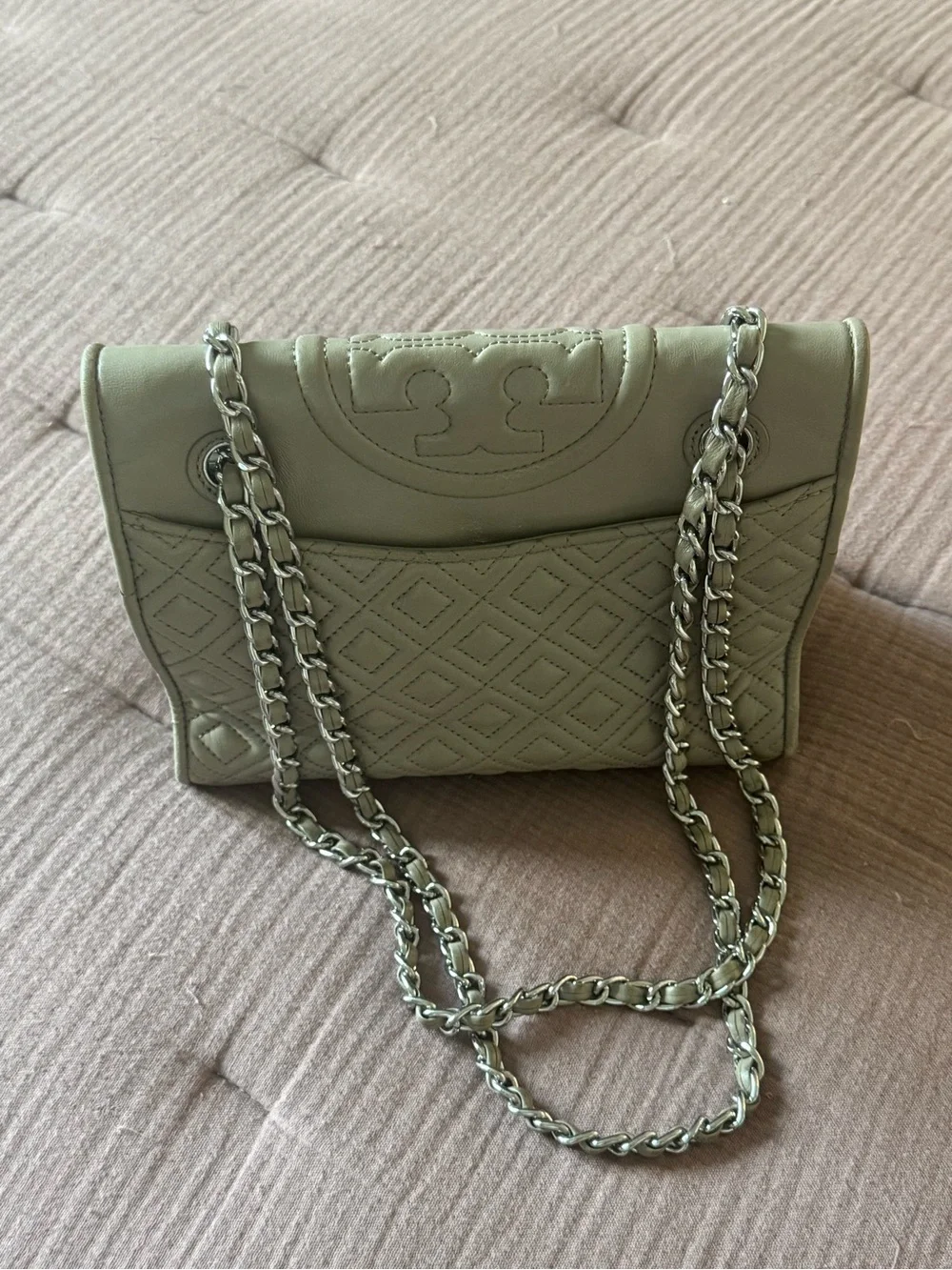 Tory Burch Fleming Convertible Shoulder Bag Taupe Gray Quilted Leather